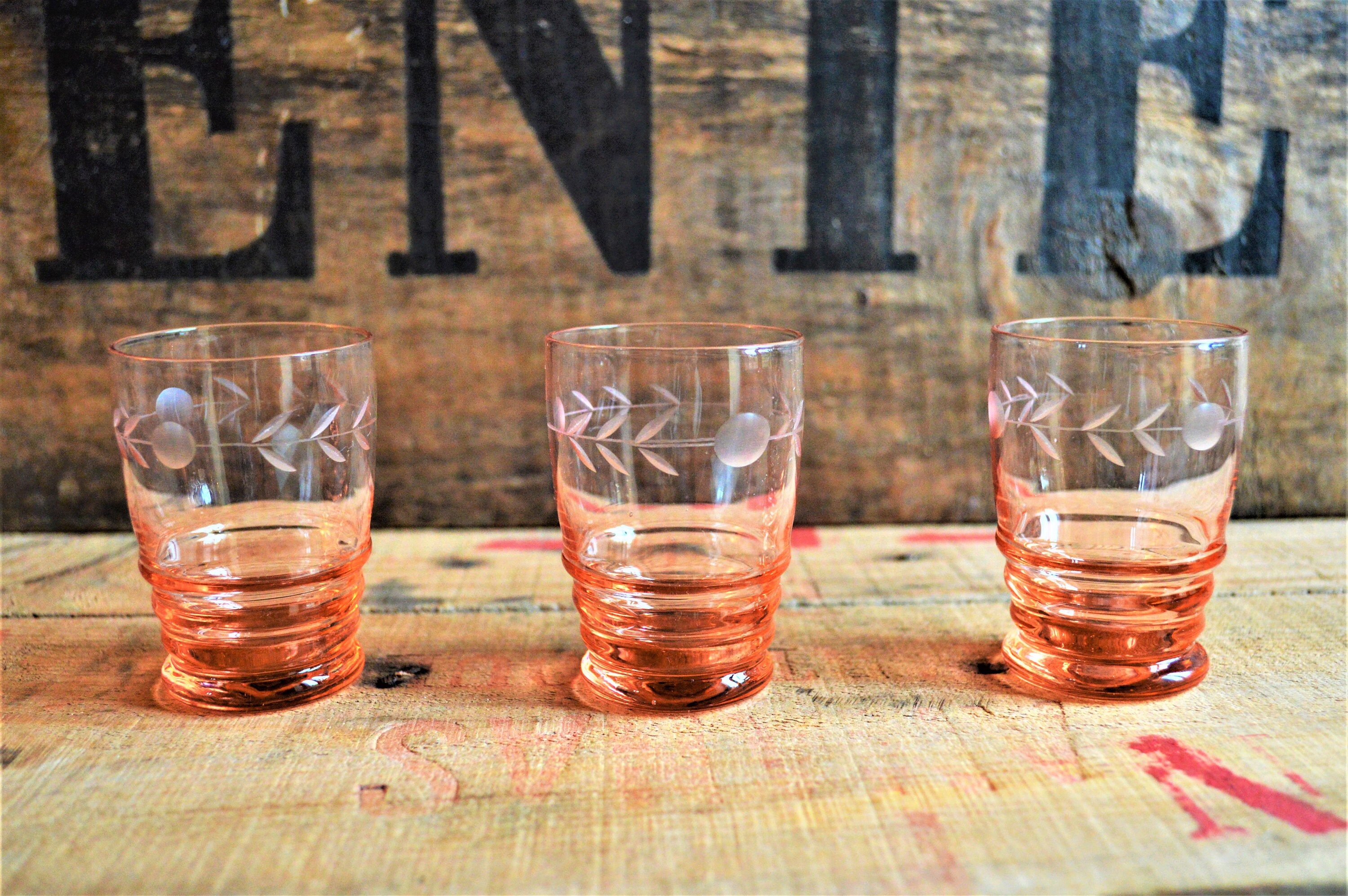 French Pink Shot Glasses x 3 Etched glass Liqueur glasses Etsy