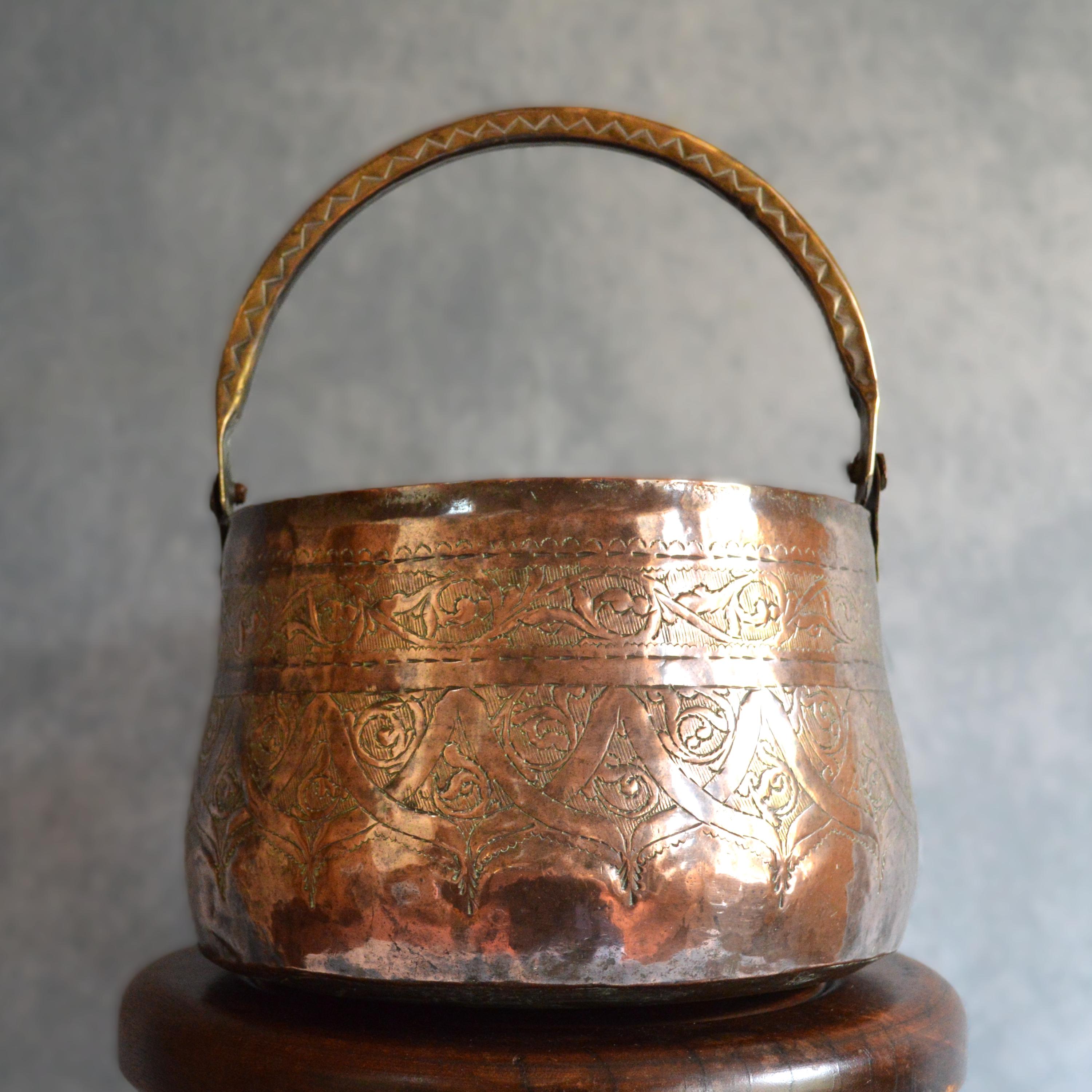 Antique French Copper Cauldron: 18th Century Engraved Rivet Handle