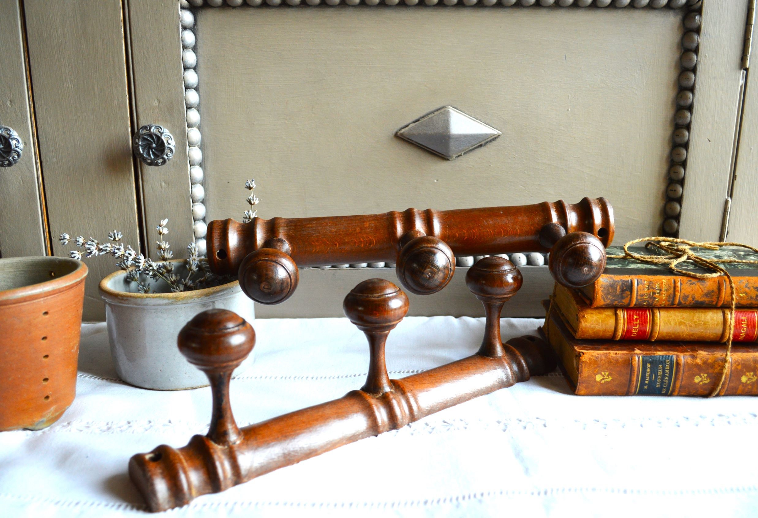 Français Porte-Manteau en Bois, Faux Bambou, Chevilles Toadstool, Quatre Disponibles, Style Ferme, C