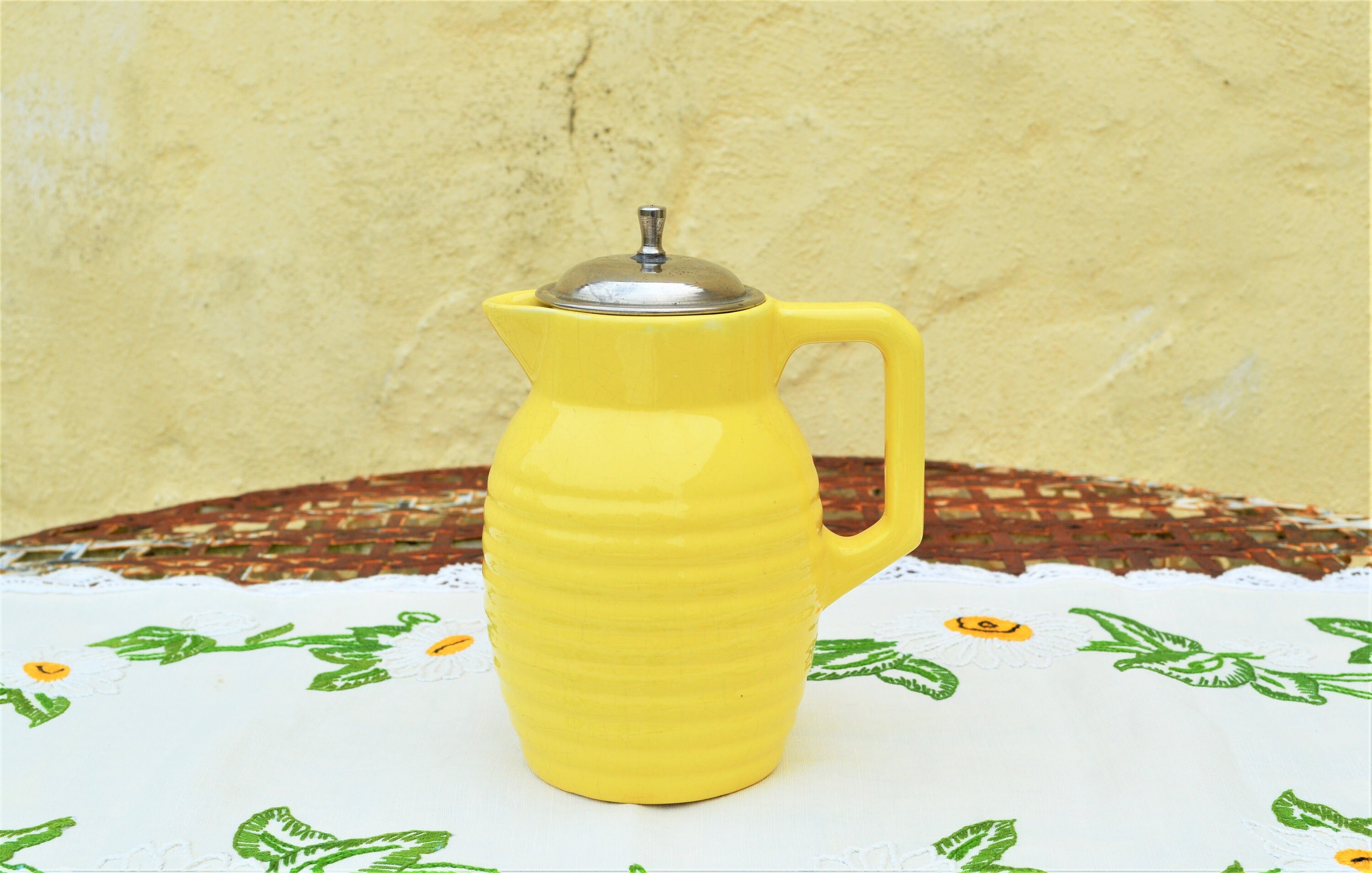 Pichet Gien, Pichet à Thé avec Passoire, Théière Gien, Tisanière Vintage Années 1940 - 50, Jaune Tou