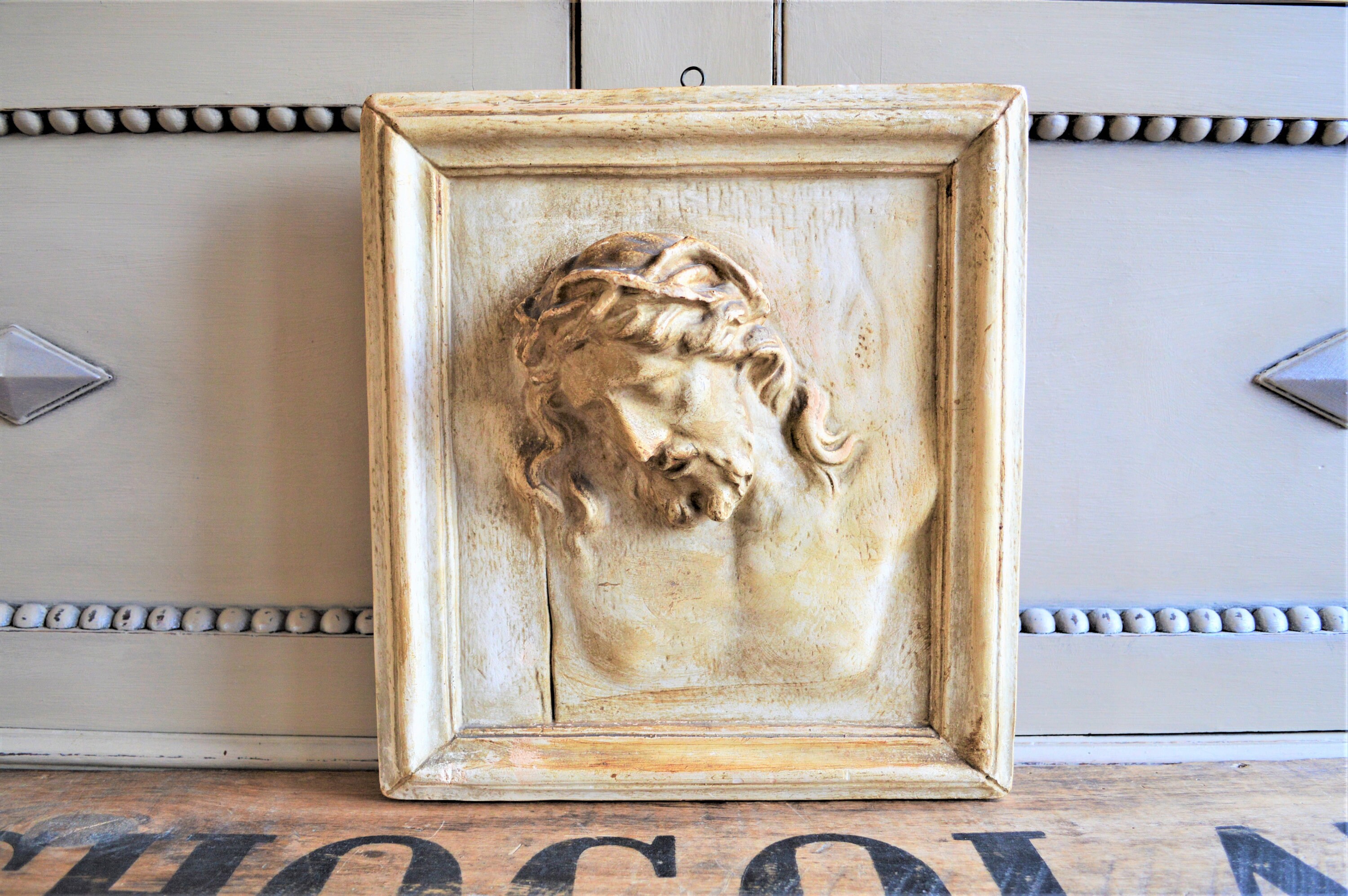 Plaque Murale en Plâtre de Jésus-Christ, Relief Français, Portrait Du Christ, Couronne d'épines