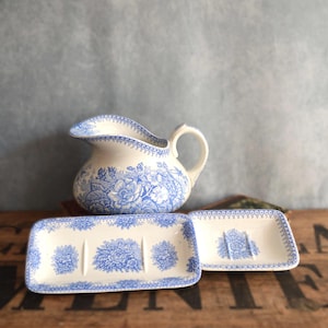 French Ironstone Wash Set: Pitcher, Soap & Razor Dishes, Blue Floral Decor