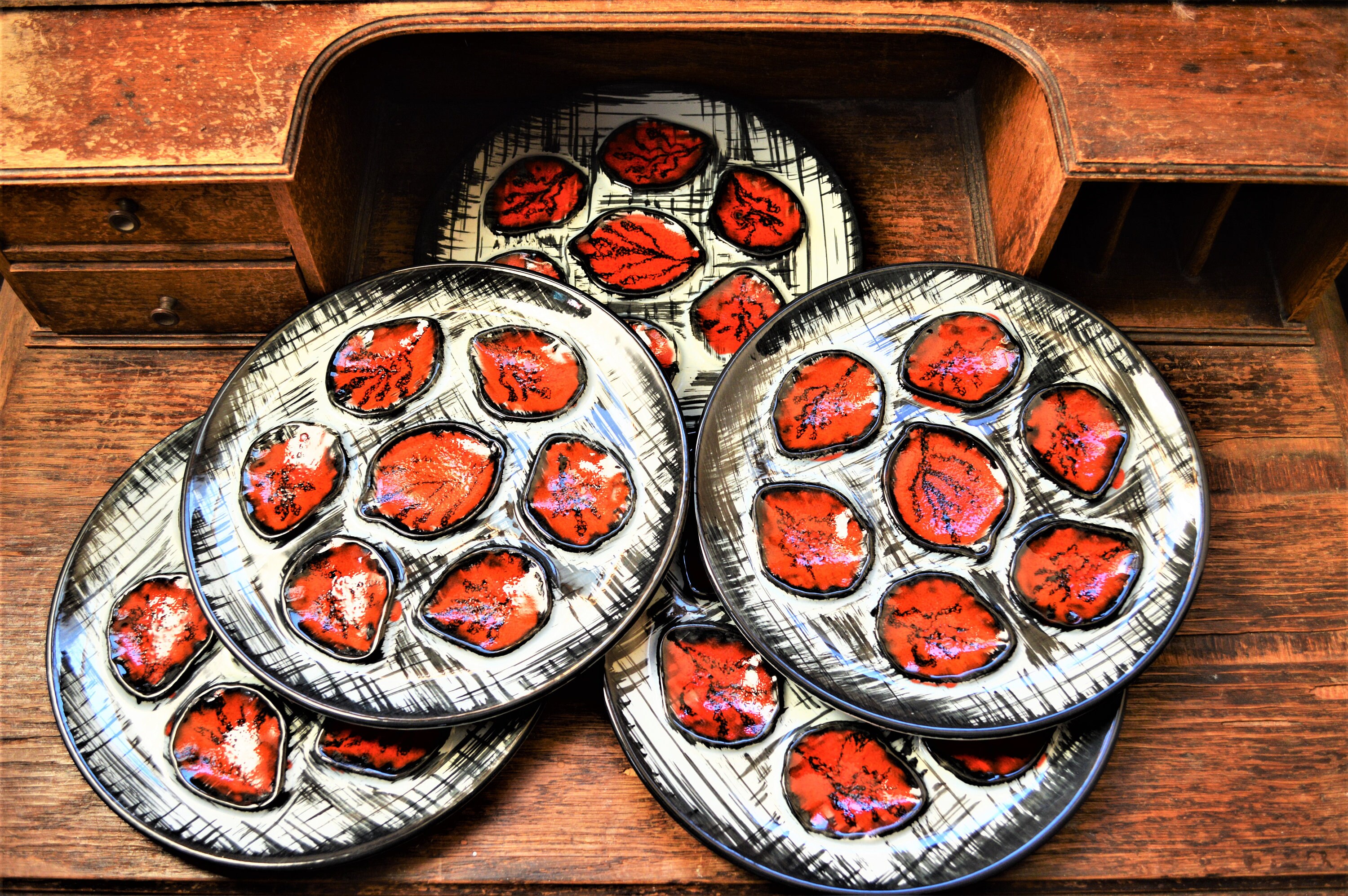 Français Oyster Plate, Mbfa Pornic Studio, Circa 1950 - 60S, Plaques Abstraites Peintes à La Main, 6