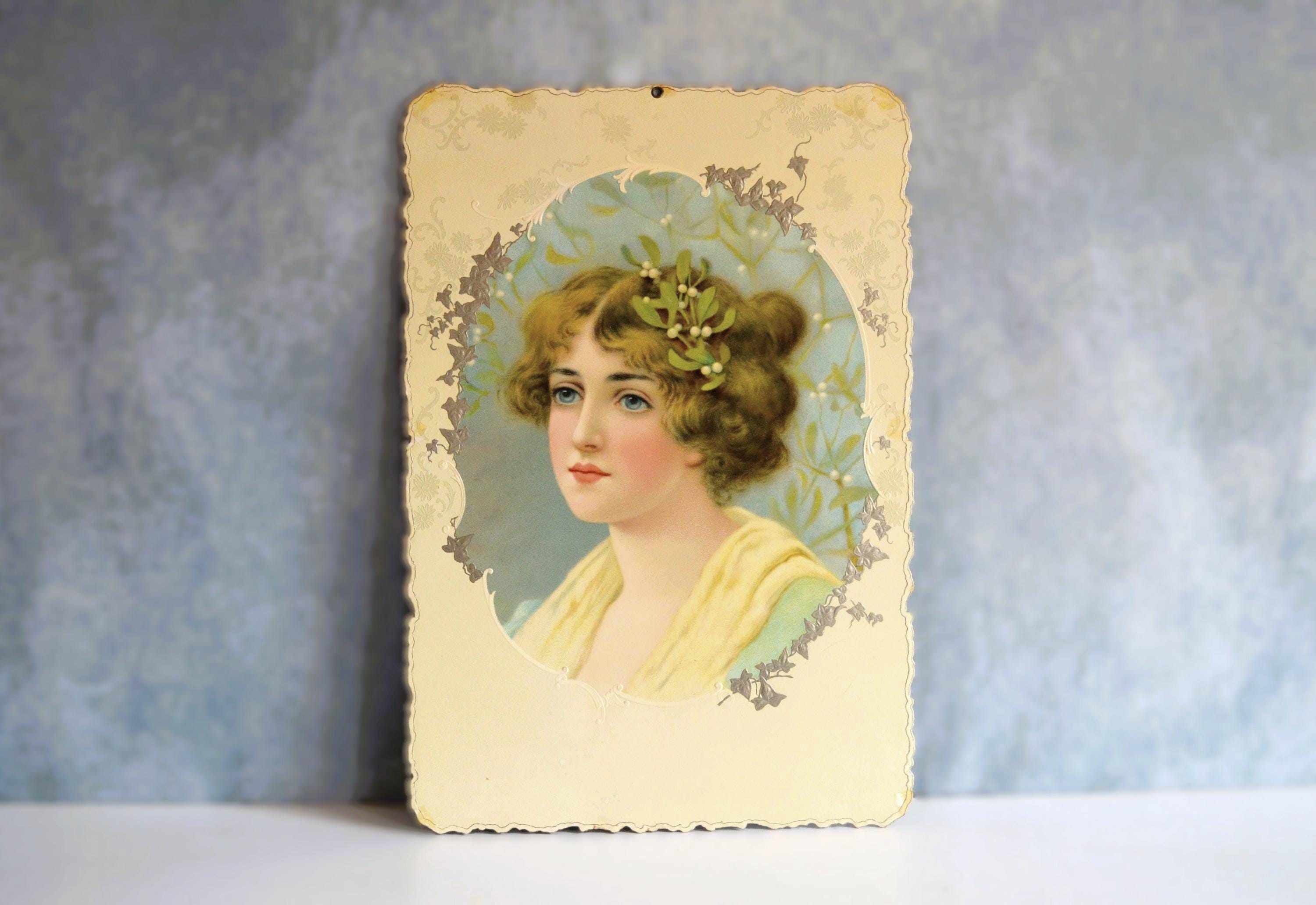Embossed Art Nouveau Card: French Girl Portrait, Vintage Home Decor (1910s)