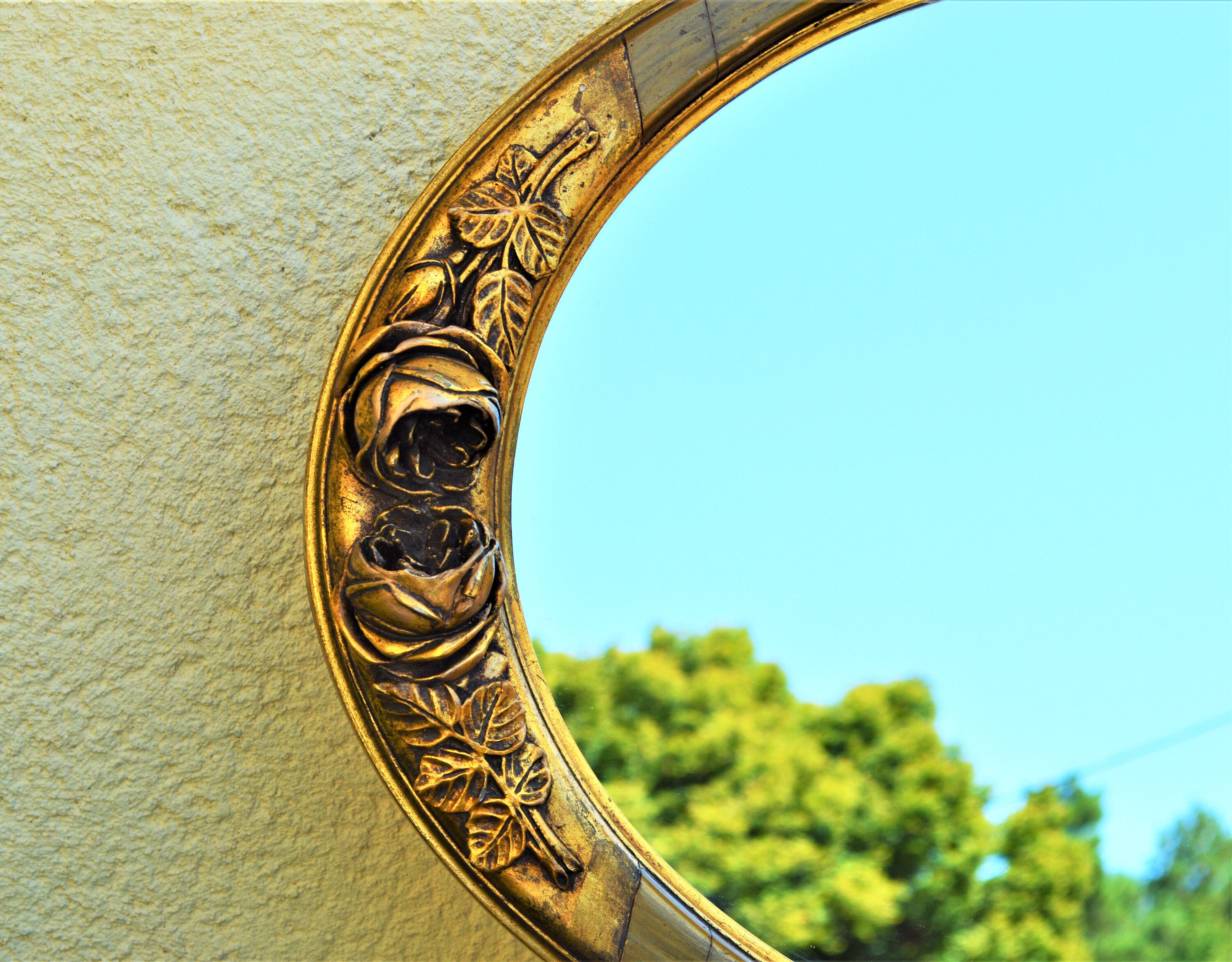 Français Miroir Doré avec Décor de Roses, Accrochage Mural, Grand Ovale Vintage, Maison Campagne Fra