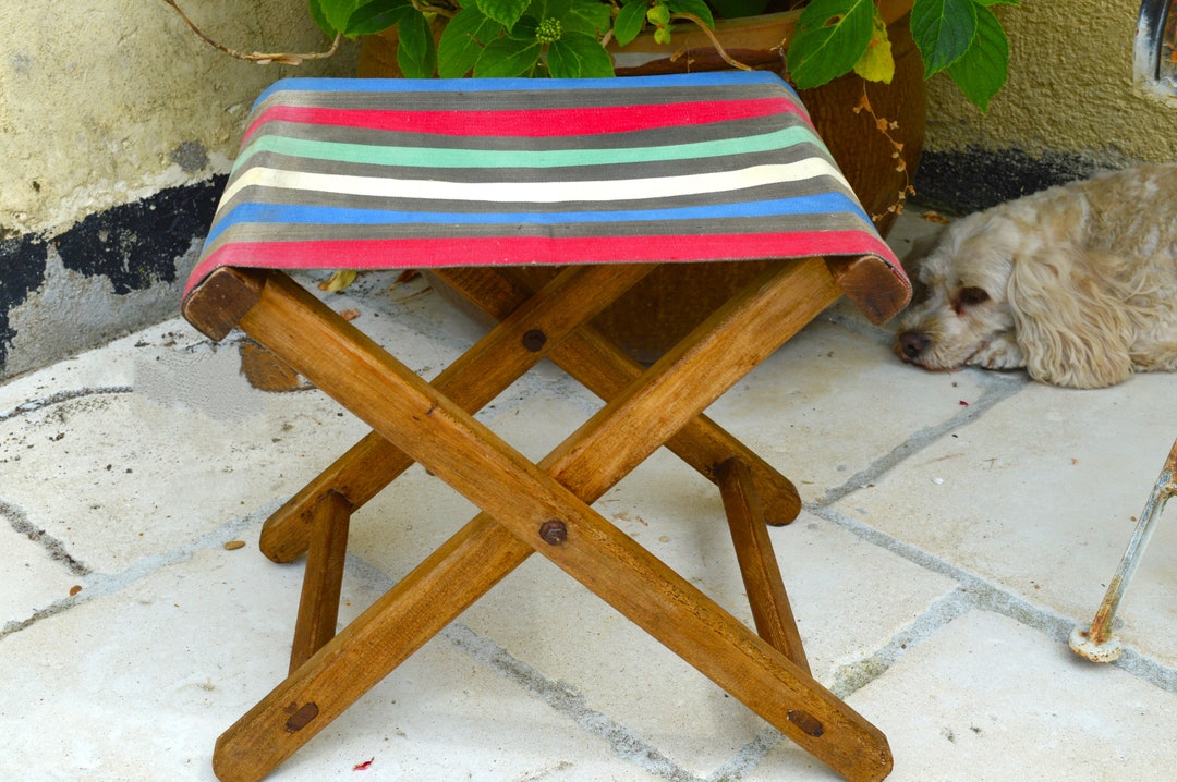 Vintage Camping Stool, Canvas Seat, Folding Wooden Legs, Old French