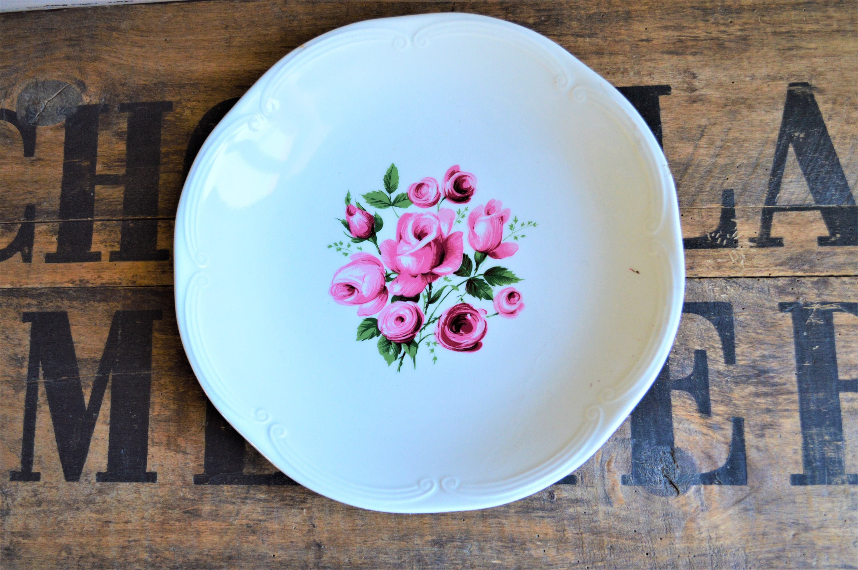 Français Bol Gien, Bol Blanc avec Roses Roses, Vintage Français Décor de Ferme, Table Campagne Franç