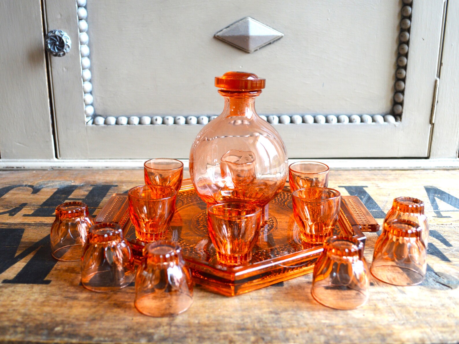 Pink Decanter & 12 Glasses With Serving Tray Liqueur Glasses Etsy