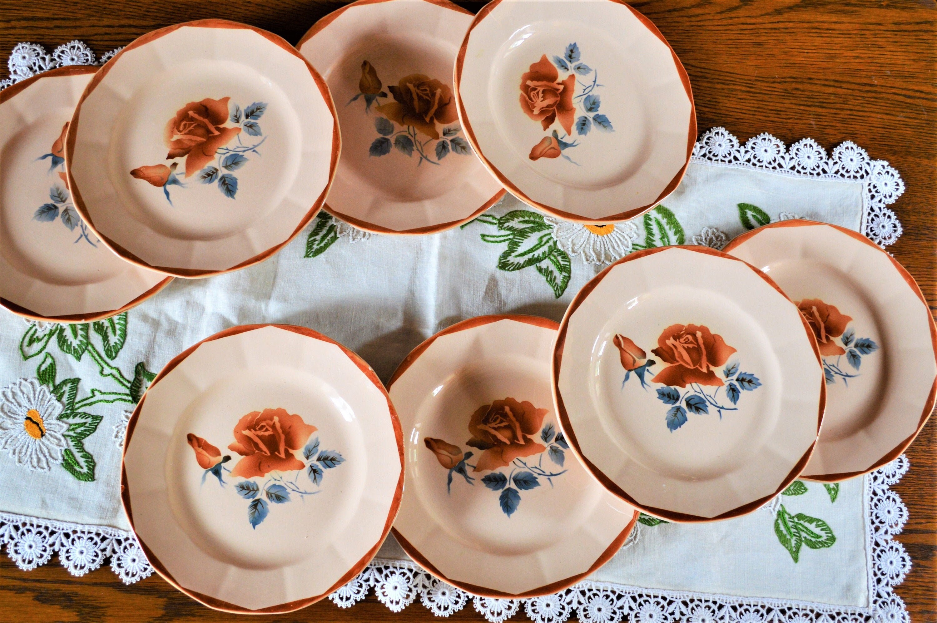 Ensemble d'assiettes à Dessert Digoin de 4, Décor Rose Rouge, Assiettes Gâteaux Français, Art Déco, 