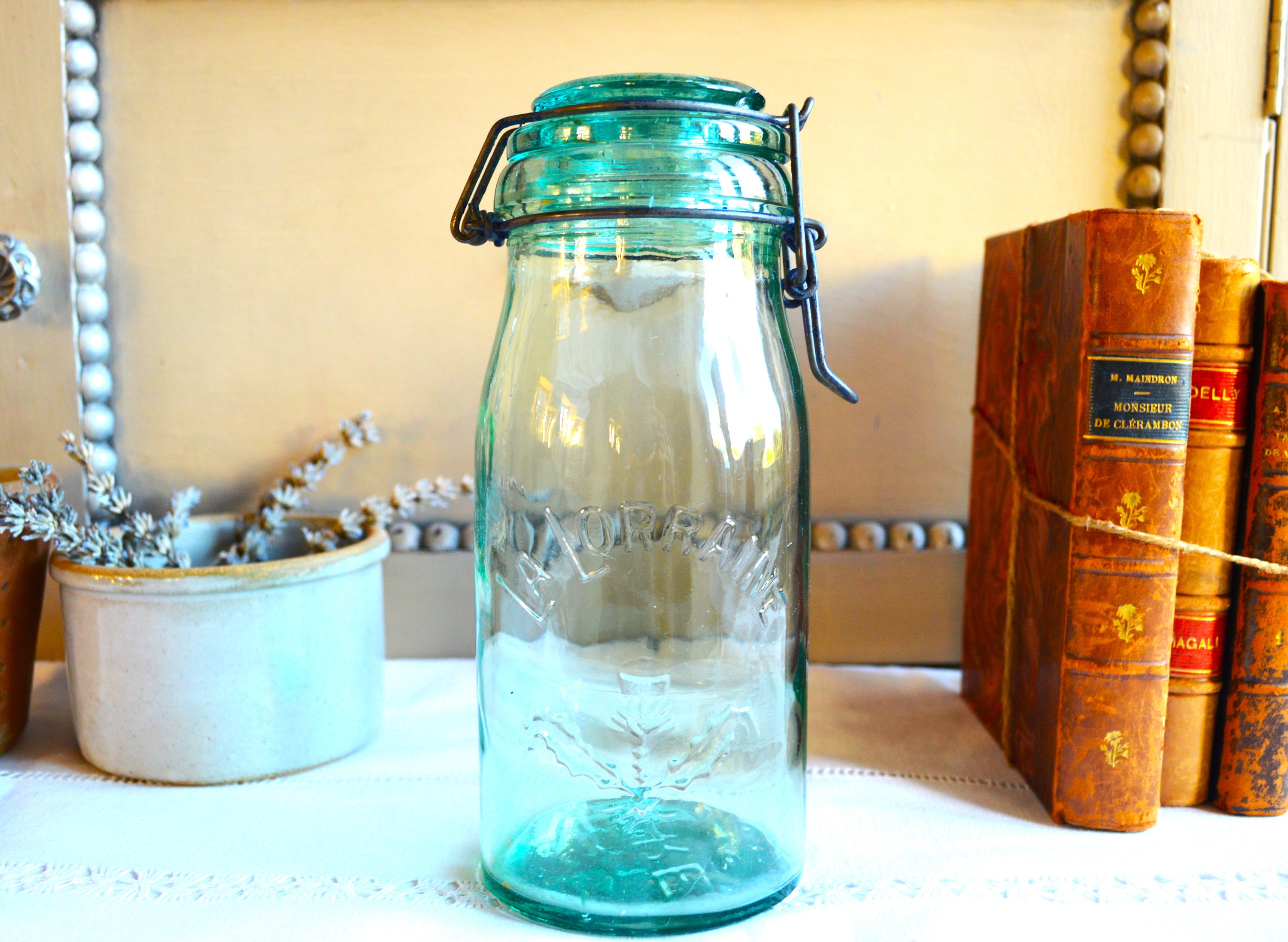 Français Boîte en Verre Vert, Bocal de Conserve 1 Litre, La Lorraine, Chardon, Vert Pâle, Pot Conser