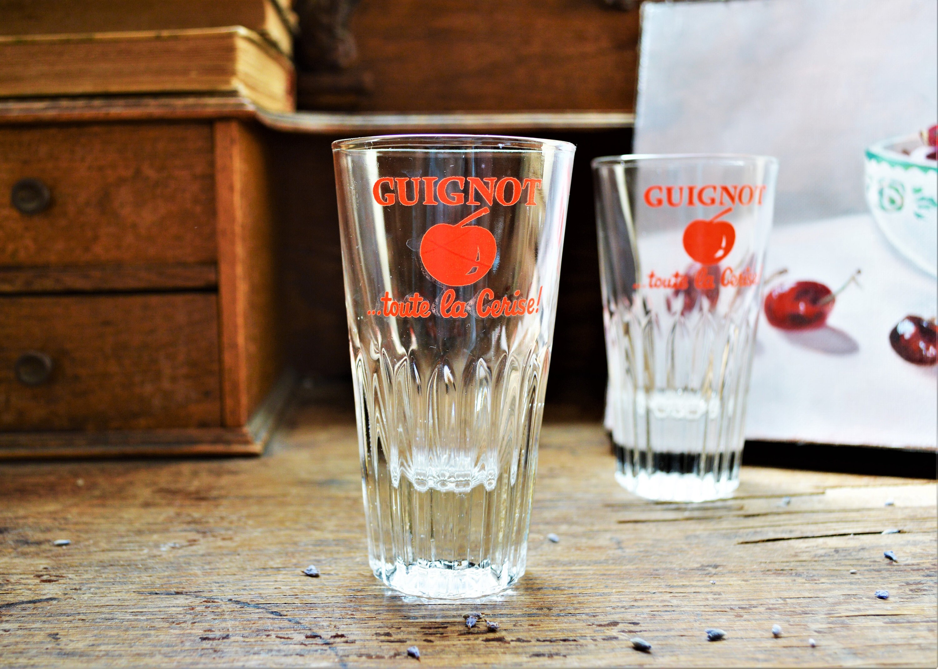 Français Verres Spiritueux X 2, Liqueur Guignot Cerise, à Bistro, Base Cannelée Lourde, Vaisselle de