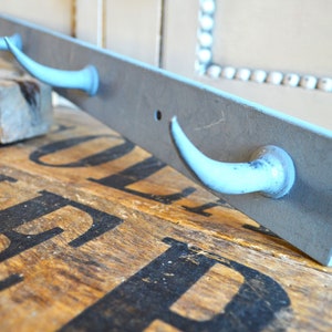 Vintage metal 4 hook hanging rail, French butcher&#39;s hooks, Blue wall mounted kitchen hooks, Kitchen storage, Boot room, Stables kit room