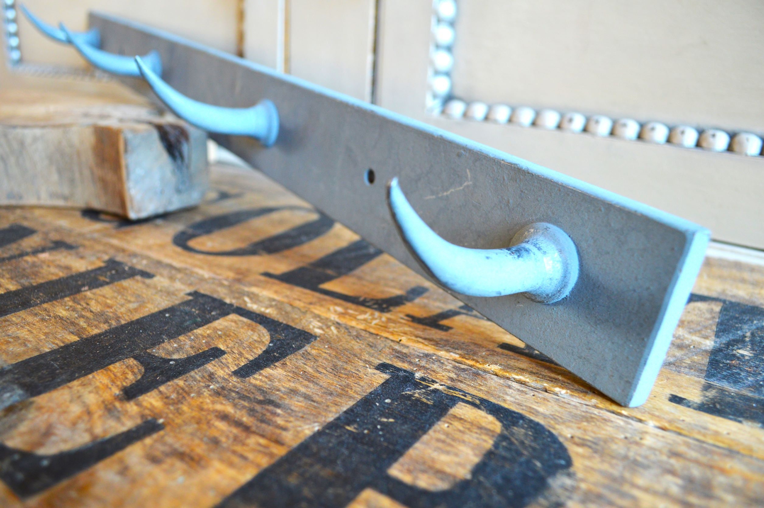 Vintage Blue Steel Hanging Hook Rail: French Butcher Style Kitchen Storage