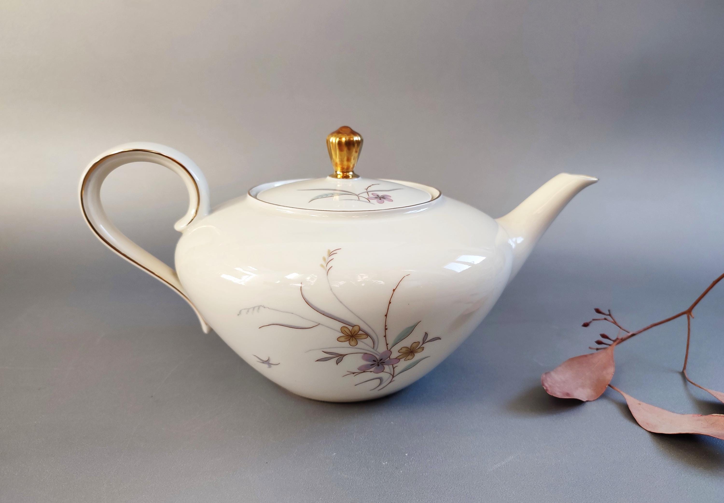 Service à Dessert Eschenbach 12 Assiettes, Porcelaine Blanche Et Or Fin, Motif Années 60