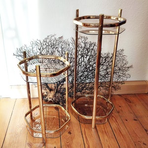 Könnte beinhalten: Zwei Vintage-Beistelltische aus Messing und Glas. Jeder Tisch hat ein Messinggestell mit einer transparenten Glasplatte und einem unteren Regal. Die Tische stehen auf einem Holzboden, mit einem dekorativen schwarzen Korallenast im Hintergrund.