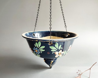 Vintage round hanging planter, Soufflenheim Alsace France, ceramic, 1980, cobalt blue, hand-painted, like new
