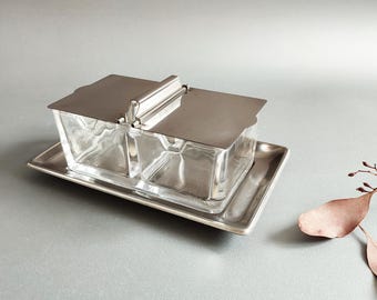 WMF Vintage Cromargan 1960s Cone Set for Dips, Jam, etc. with Lid, Minimalist Design by Wilhelm Wagenfeld, Glass Insert, Stainless Steel, Excellent Condition