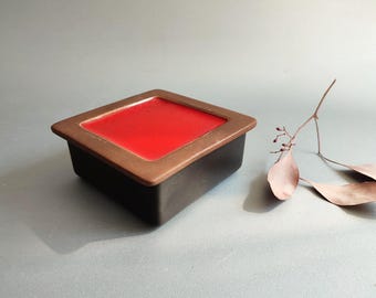 Vintage small lidded box, red, black, brown, Fat Lava, 1960s/1970s, square, simple, geometric, jewelry box, Germany, excellent condition