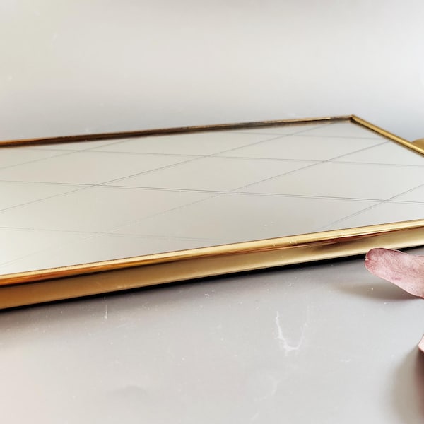 Vintage brass mirrored tray with geometric diamond pattern, 1950s vintage, excellent condition, MCM Germany