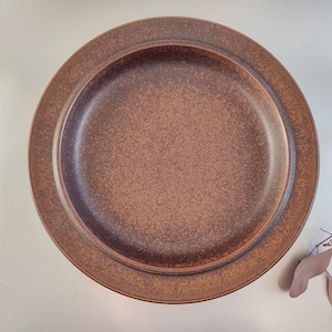 May include: A brown speckled ceramic plate with a wide rim and a slightly recessed center. The plate has a rustic, earthy appearance, suitable for serving food. The plate's diameter is approximately 10 inches.