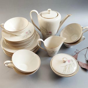 Vintage Rosenthal komplett teservis för 6 personer, elfenbensporslin, Tyskland, toppskick, 1960-tal, Bettina Parisian Spring, konisk, MCM