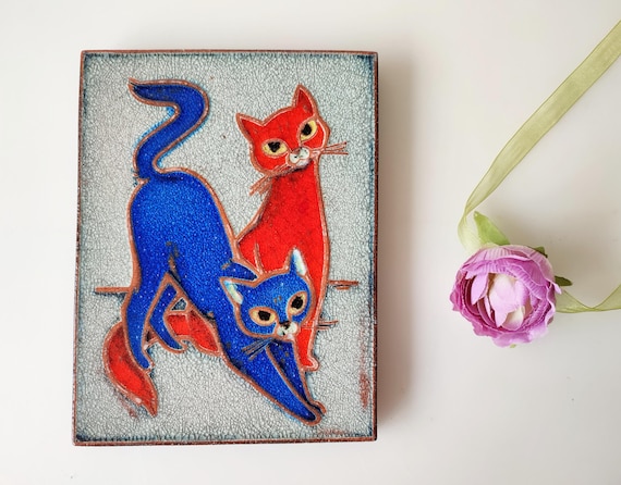 Katzen Paar MCM ABSTRACT geometrisch Vintage Wandfliese Kachel Rot Blau Fat Lava 7406 Karlsruher Majolika 1960 TOP Zustand Dietmar Liedke