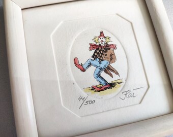 Clown Color Genuine Etching Colored with Frame Vintage Glass Frame Red Nose TOP Condition