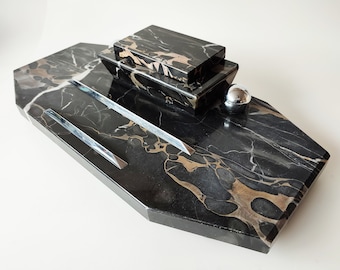 ART DECO desk set marble shelf with chrome for desk office pen shelf antique 30s Portor marble TOP condition
