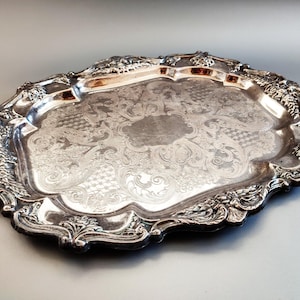 Splendid vintage tray large silver plated roses floral ca 1960- 1970 ONEIDA U.S.A ca 20"x15"