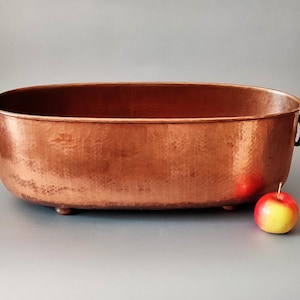 Maceta ovalada larga XXL vintage de cobre macizo para alféizar de ventana, martillada, hecha a mano, en excelente estado, Alemania, años 60-70, jardinera tipo acanaladura, RARA, grande.