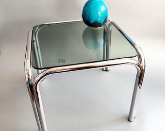 Small chrome side table, smoke grey, grey tinted glass top, 60s-70s, Germany, excellent condition, freshly polished, Space Age style.