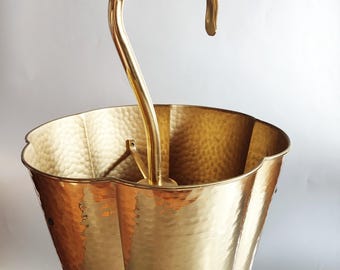Vintage brass umbrella stand surface hammered &quot;bag&quot; conical with handle 50s TOP condition freshly polished 1950 1960