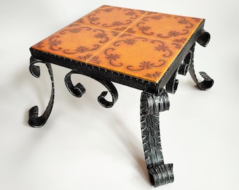 Vintage bench for flowers and plants, small table, retro tiles, orange wrought iron plant stand, brutalist style