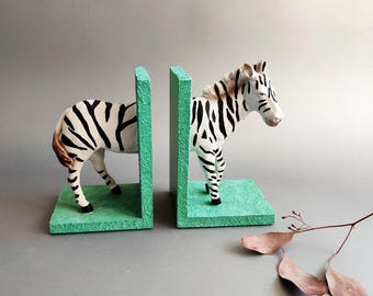 Vintage Zebra Bookends, Angled Animal Figurine, Detailed, 1980s, Green Base Design