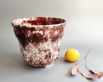 Vintage ceramic plant pot with flowing glaze, round, 1940s, brown, mint green, Germany