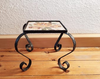 Vintage Plant Bench Small Table Stool Side Table with Ceramic Tile 60 70 s Floral Flower Motif Hand Painted Italy