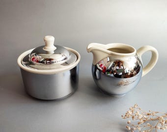 Art Deco 1920 Set: Sugar Bowl and Milk Jug, Chrome, Bauscher Weiden, D.R.P., Excellent Condition, Germany, Bauhaus