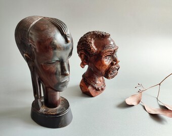 Vintage head of an African girl, princess, man, or Masai, made of solid wood, hand-carved, heavy, 1990s Africa, various options available