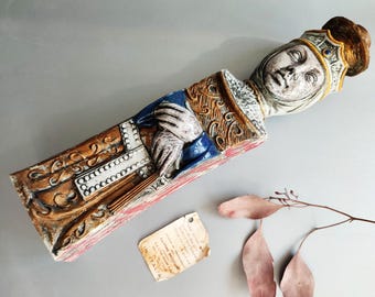 Vintage bottle with queen figurine from Italy, ceramic, handmade, 1950s-1960s, with label, top condition