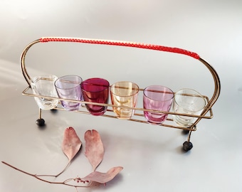 SET of 6 liqueur glasses, glass with holder and carrying handle, brass, 1960s/1950s, vodka, schnapps, vintage party barware, colorful glasses