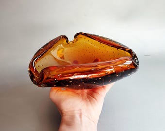 XL Heavy Murano Vintage Glass Bowl, Amber Art, Italian Handmade, Mouth-Blown, Ground Base, Top Condition, Bullicante Technique, Triangular