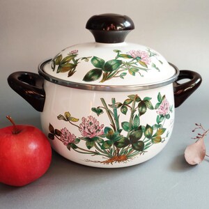 Könnte beinhalten: Weißer Emaille-Kochtopf mit Deckel, verziert mit einem Blumendesign aus grünen Blättern und rosa Blüten. Der Topf hat dunkelbraune Griffe und einen passenden Knopf. Ein roter Apfel liegt daneben.