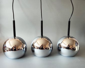 SET 3 x STAFF Eyeball Sphere Lamps Chrome High Gloss Space Age Balloon Shade Vintage Retro West Germany 70s Top Condition