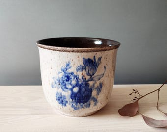 West Germany Vintage Plant Pot Cobalt Blue Roses Beige Brown Ceramic 1960 Scheurich W. GERMANY 807-14