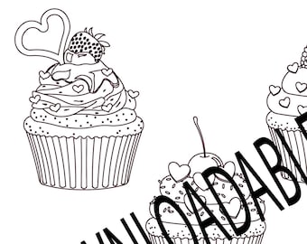 Valentine's Day Cupcakes - Color Page - Downloadable Kids Valentine