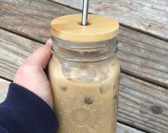 16 oz Sunflower Mason Jar Coffee Cup With Straw & Bamboo Lid/Mason Jar Drinking Glass/Sunflower Cup/Mason Jar Cup