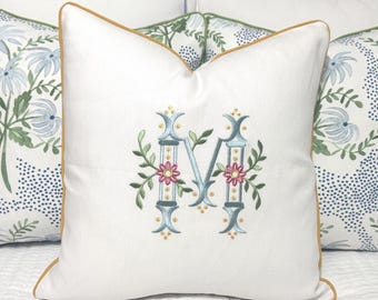 Embroidered Pillow Cover-Large Monogram Pillow-Lumbar Pillow-Pillow for Monogram Bed-Monogrammed Linen Pillow-Farmhouse Pillow