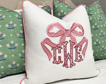 Monogram Applique Pillow Cover Bow Pillow Embroidered Pillow Personalized Pillow Liberty of London Accent Pillow for Nursery Decor