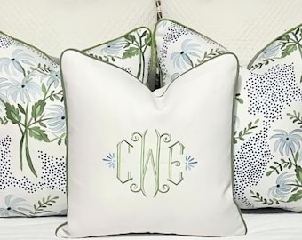 Embroidered Pillow Cover-Large Monogram Pillow-Lumbar Pillow-Pillow for Monogram Bed-Monogrammed Linen Pillow-Farmhouse Pillow