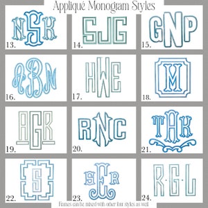 Op de afbeelding: Een grafiek met 12 verschillende monogram-stijlen in blauw en groen. De monogram-stijlen zijn genummerd van 13 tot en met 24. De tekst "Frames kunnen worden gecombineerd met andere lettertypen." staat onderaan de grafiek.